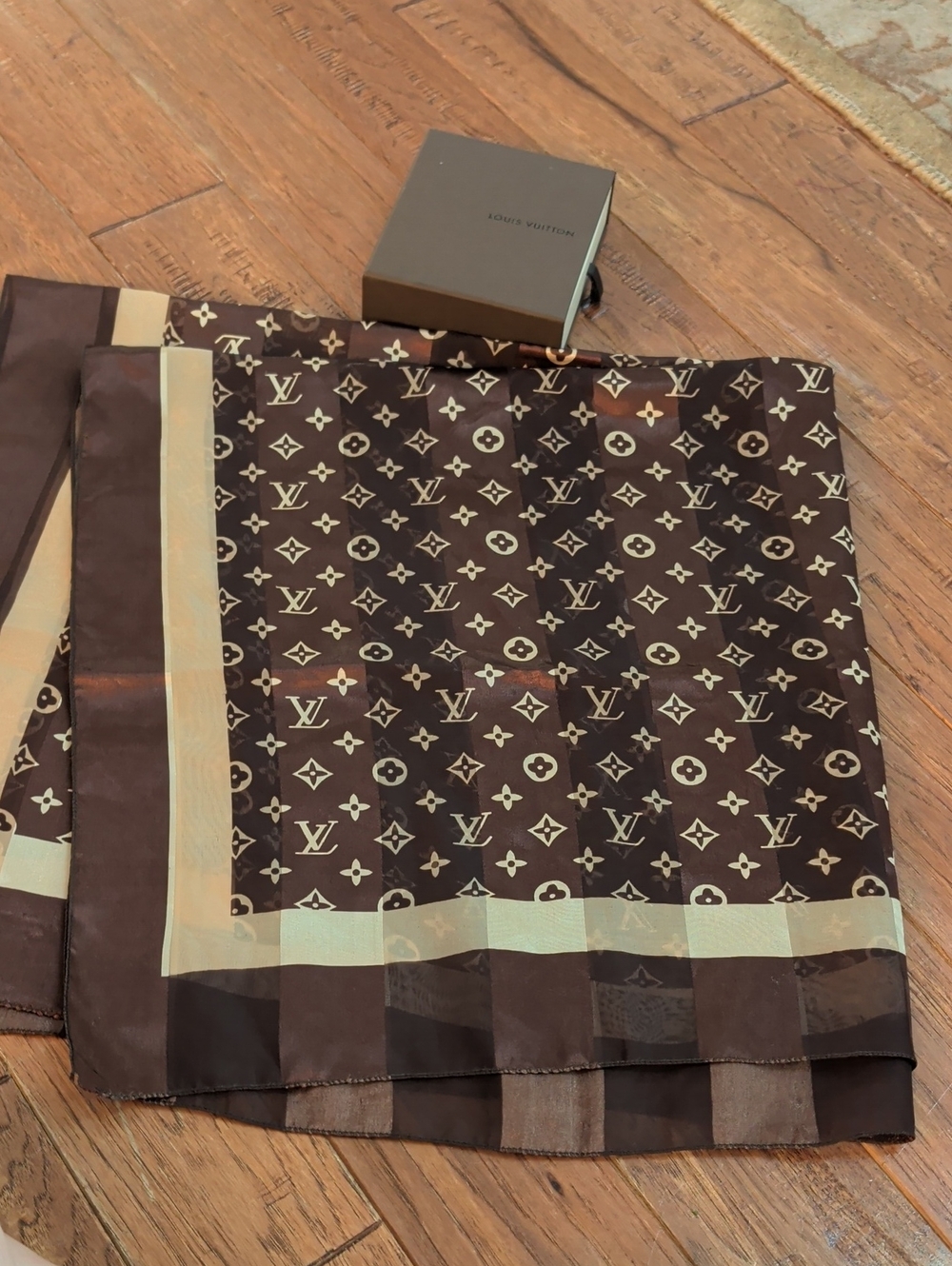 Louis Vuitton Brown and Cream Monogram Silk Scarf - Picture 4 of 5